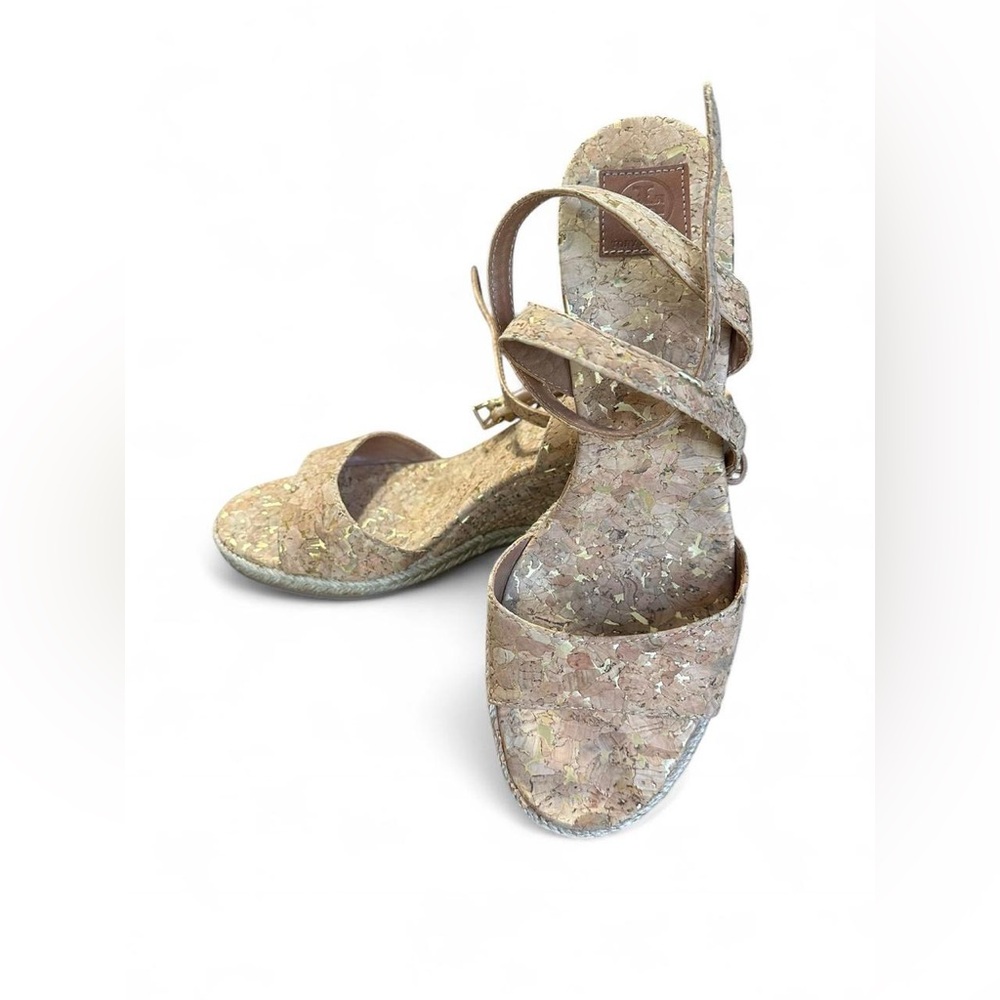 Tory Burch Open Toe Wedge‎ Platform Heel Cork Leather Upper US sz 8